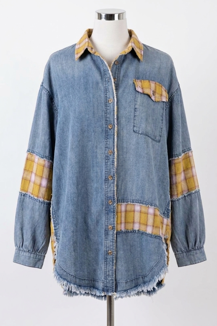 NEW EASEL plaid chambray button down shirt in dark denim with yellow trim